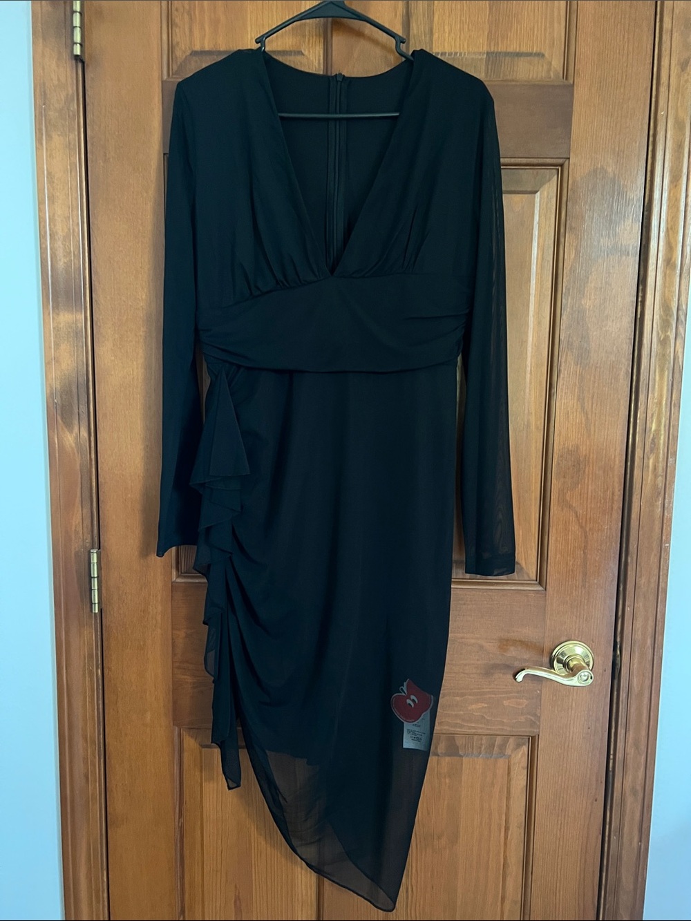 CIDER Black Ruched Mesh Long Sleeve Asymmetrical Midi Dress XL 🤩🤩💯